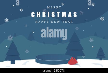 Merry Christmas banner with product podium in snowy night with firs, coniferous forest, falling snow, Woodland landscape for winter and new year holid Stock Vector