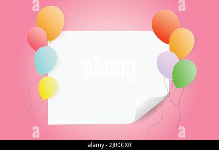 Blank paper with curled corner and fancy balloons in pink background, paper art style vector. Stock Vector