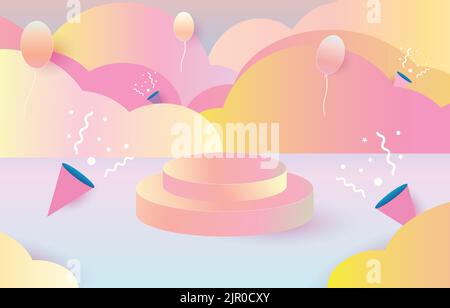Product podium in pastel color background with clouds and balloons. Empty space for kids or baby product. Stock Vector
