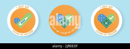 Vaccination round badges with quote - I got my vaccine. Coronavirus vaccine stickers label vector of Vaccinated People with medical plaster as heart s Stock Vector
