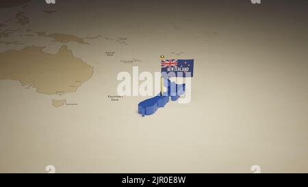 3d rendering independence day of New Zealand national flag flying on country map on world Stock Photo