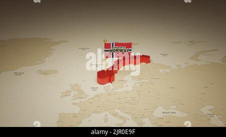 3d rendering independence day of Norway national flag flying on country map on world Stock Photo