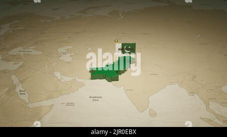 3d rendering independence day of Pakistan national flag flying on country map on world Stock Photo