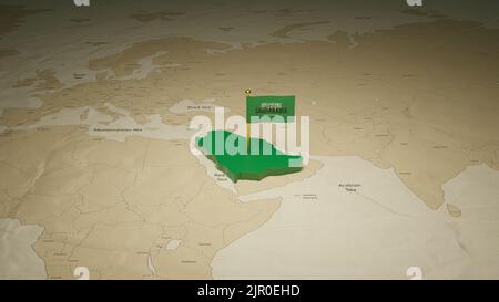 Saudi Arabia map and flag design 3d rendered, Happy Independence day with Social media background. Stock Photo