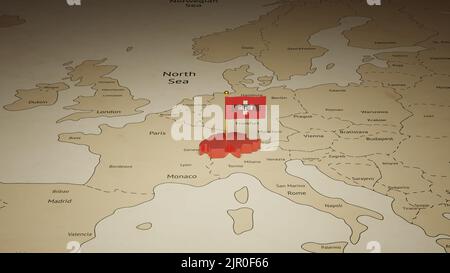 Map of Switzerland with flag on world map background 3D rendering. Stock Photo