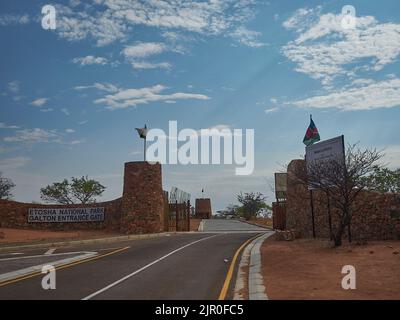 Etosha, Nambia - 11 07 2016: Galton Gate is the western entrance to the Etosha National Park in Namibia. Stock Photo