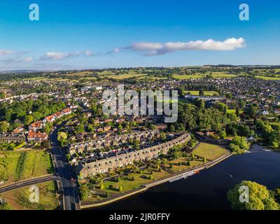 Aerial view of Otley town centre. A market town in West Yorkshire. Otley bridge crossing the River Wharfe with a view towards Otley hospital. Stock Photo