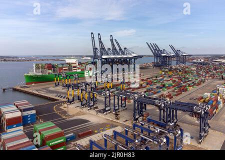 Aerial view of the Port of Felixstowe in Suffolk, Britain's biggest and busiest container port, as members of the Unite union man a picket line at the entrances after backing industrial action by 9-1 in a dispute over pay. Picture date: Sunday August 21, 2022. Stock Photo