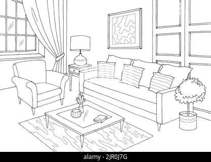 Living room graphic black white interior sketch illustration vector Stock Vector