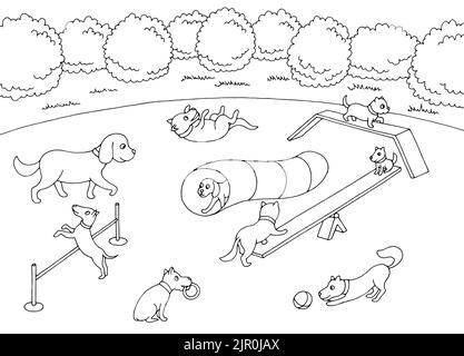 dog play on playground graphic black white sketch landscape illustration vector