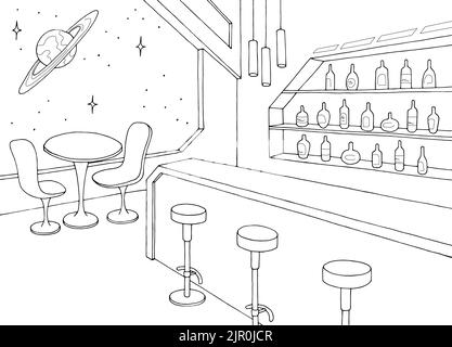 Space bar interior graphic black white sketch illustration vector Stock Vector