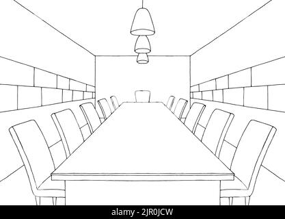 Conference room office interior graphic black white sketch illustration vector Stock Vector