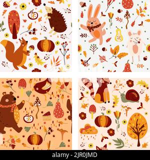 Autumn seamless pattern with cute wodland animals and elements autumn, cute squirrel, hedgehog, funny bear, mouse, colored trees, autumn leaves, mushrooms. Vector illustration. Stock Vector
