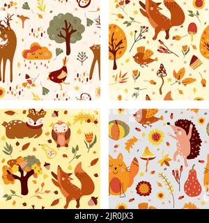 Autumn seamless pattern with cute wodland animals and elements autumn, a funny owl, hedgehog, cunning fox, colored trees, autumn leaves, mushrooms. Vector illustration. Stock Vector