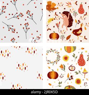 Autumn seamless pattern with cute wodland animals and elements autumn, cute hedgehog, funny bird, colored trees, autumn leaves, mushrooms. Minimalistic seamless pattern. Vector illustration. Stock Vector
