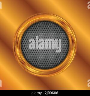 Abstract bright bronze circle on dark perforated metallic texture. Vector background Stock Vector