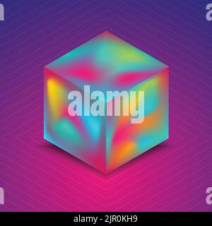 Abstract holographic liquid 3d cube on blue purple background. Vector trendy hipster design Stock Vector