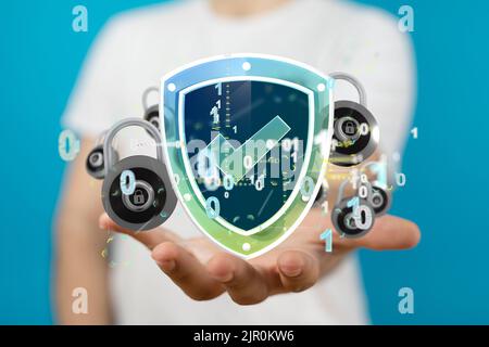 A digital shield surrounded by numbers and padlocks - data protection and security concept Stock Photo