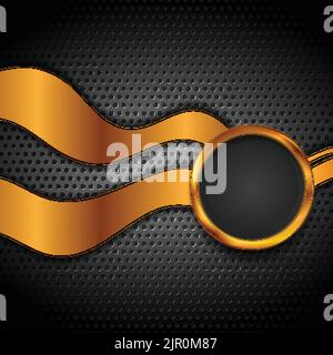 Abstract bronze waves and circle on dark perforated metallic texture. Vector background Stock Vector