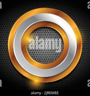 Bronze and silver rings on dark metallic perforated background. Vector technology design Stock Vector