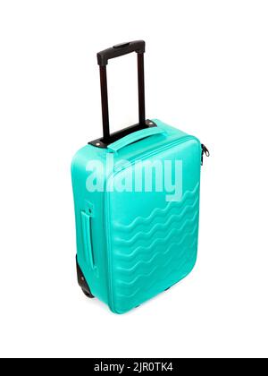 Bright turquoise textile travel suitcase with wavy pattern isolated on white background Stock Photo