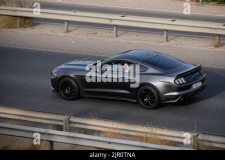 2016 Ford Mustang 5.0 GT on highway. Malaga province, Spain. Stock Photo