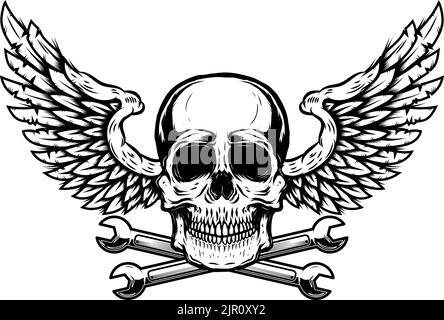 Winged skull with crossed wrenches. Design element for emblem, sign, badge, logo. Vector illustration Stock Vector