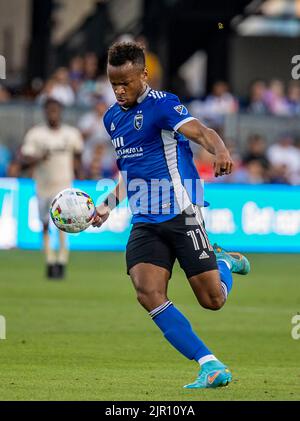 August 20, 2022 San Jose, CA USA San Jose forward Jeremy Ebobisse (11) forwards the ball up field during the MLS game between the Los Angeles Football Club and the San Jose Earthquakes. The Earthquakes beat Los Angeles 2-1 at PayPal Park San Jose Calif. Thurman James/CSM Stock Photo