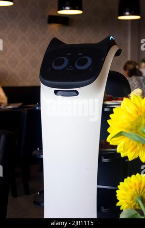 A portrait of a serving robot on wheels with a screen displaying a cute cat face, riding through a restaurant with plates of food on its trays helping Stock Photo