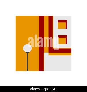 An illustrated building with narrow windows and walls and a street lamp in front of it Stock Vector