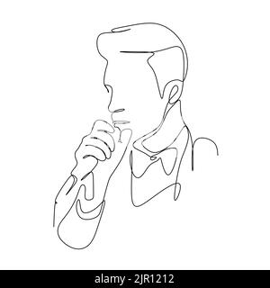 Single continuous line drawing of young happy male pop singer holding microphone and singing on music concert stage. Trendy musician artist performance Stock Vector