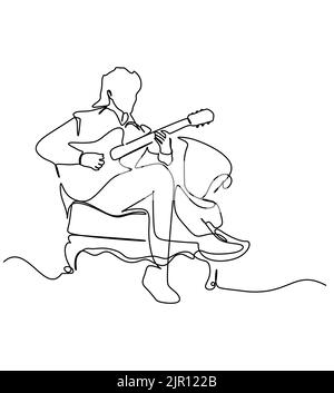 A male guitarist plays guitar music instrument while sitting on the chair. Single line continuous drawing. Vector illustration for musical concept Stock Vector