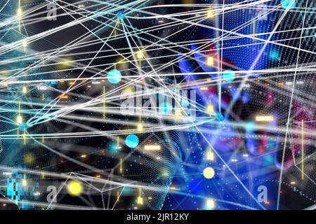 The digital dots connected with each other. Global network, blockchain concept. Stock Photo