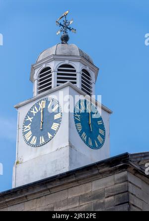 Clock Tower on top of the historic former Town Hall in  Market Square,  Church Street, Whitby, North Yorkshire, Yorkshire, England, UK Stock Photo