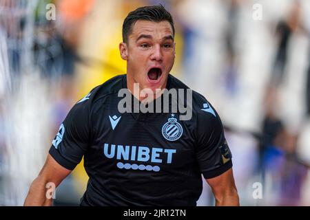 BRUGGES, BELGIUM - AUGUST 21: Ferran Jutgla of Club Brugge KV celebrating scoring his sides first goal during the Jupiler Pro League match between Club Brugge KV and KV Kortrijk at the Jan Breydelstadion on August 21, 2022 in Brugges, Belgium (Photo by Joris Verwijst/Orange Pictures) Stock Photo