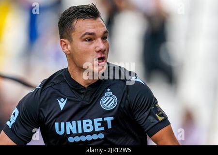 BRUGGES, BELGIUM - AUGUST 21: Ferran Jutgla of Club Brugge KV celebrating scoring his sides first goal during the Jupiler Pro League match between Club Brugge KV and KV Kortrijk at the Jan Breydelstadion on August 21, 2022 in Brugges, Belgium (Photo by Joris Verwijst/Orange Pictures) Stock Photo