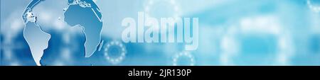 Abstract blue technology modern corporate web header banner. Vector background template with bridge landscape, globe and gears. Banner illustration Stock Vector