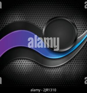 Abstract blue violet wave and black glossy circle on dark perforated metallic texture. Vector background Stock Vector