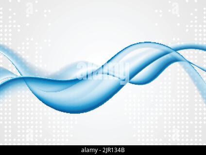 Bright blue smooth waves on grey background with circles dots. Vector layout design Stock Vector