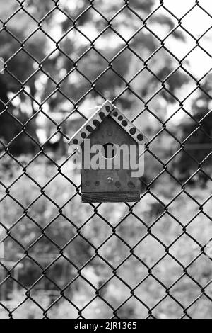 Typical common wooden birdhouse hanging on a chain link fence in the sunny summer meadow in black and white monochrome. Stock Photo