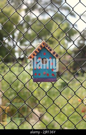 Typical common wooden birdhouse hanging on a chain link fence in the sunny summer meadow. Stock Photo