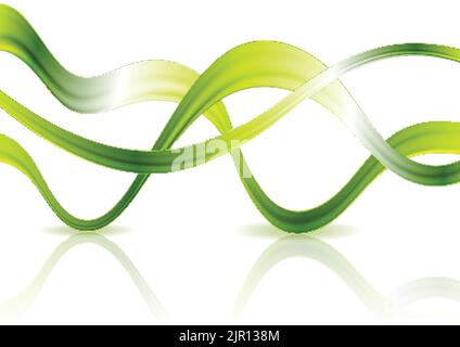 Bright glossy green waves on white background with reflection. Vector design Stock Vector