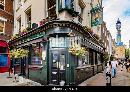 The Duke Of York pub a Victorian pub on Rathbone Street, with the BT Tower in the distance , Fitzrovia ,London Stock Photo