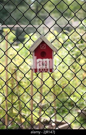 Typical common wooden birdhouse hanging on a chain link fence in the sunny summer meadow. Stock Photo