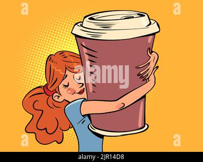 a young woman embraces a huge cup of coffee, a morning breakfast, a cheerful drink Stock Vector