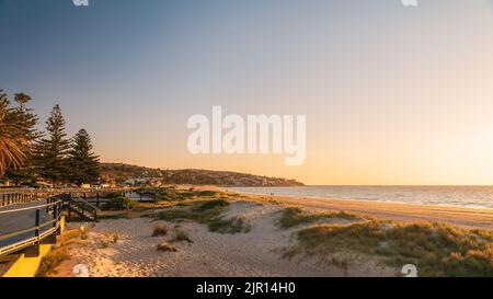 Seacliff beach with new esplanade looking South at sunset, South Australia