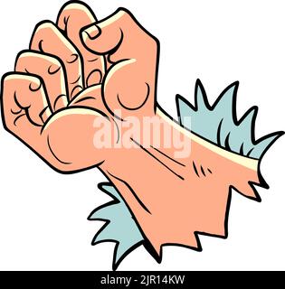 Male fist breaks through the wall, resistance rage force concept. Protest symbol. Blow body part arm Stock Vector