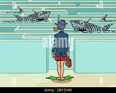 Businessman in front of the maze. Mechanical dangerous sharks are swimming ahead. Difficult choice Stock Vector