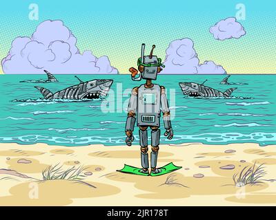 Robot tourist on the seashore. Mechanical dangerous sharks swim in the ocean Stock Vector