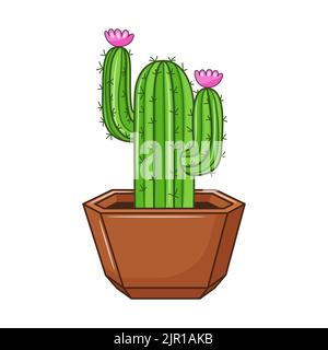 Vector cartoon cactus in pot. Indoor succulent plant with thorns and flowers. Cacti for home and interior. Colorful botanical doodle illustration isol Stock Vector